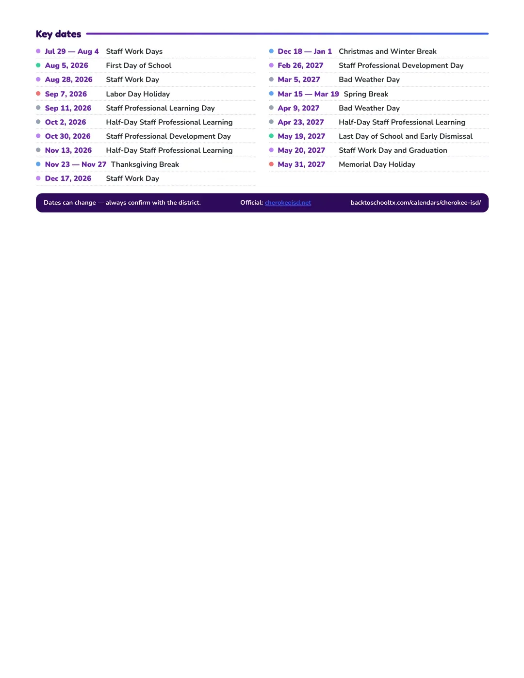 Cherokee ISD Calendar for the Year 26-27 — key dates