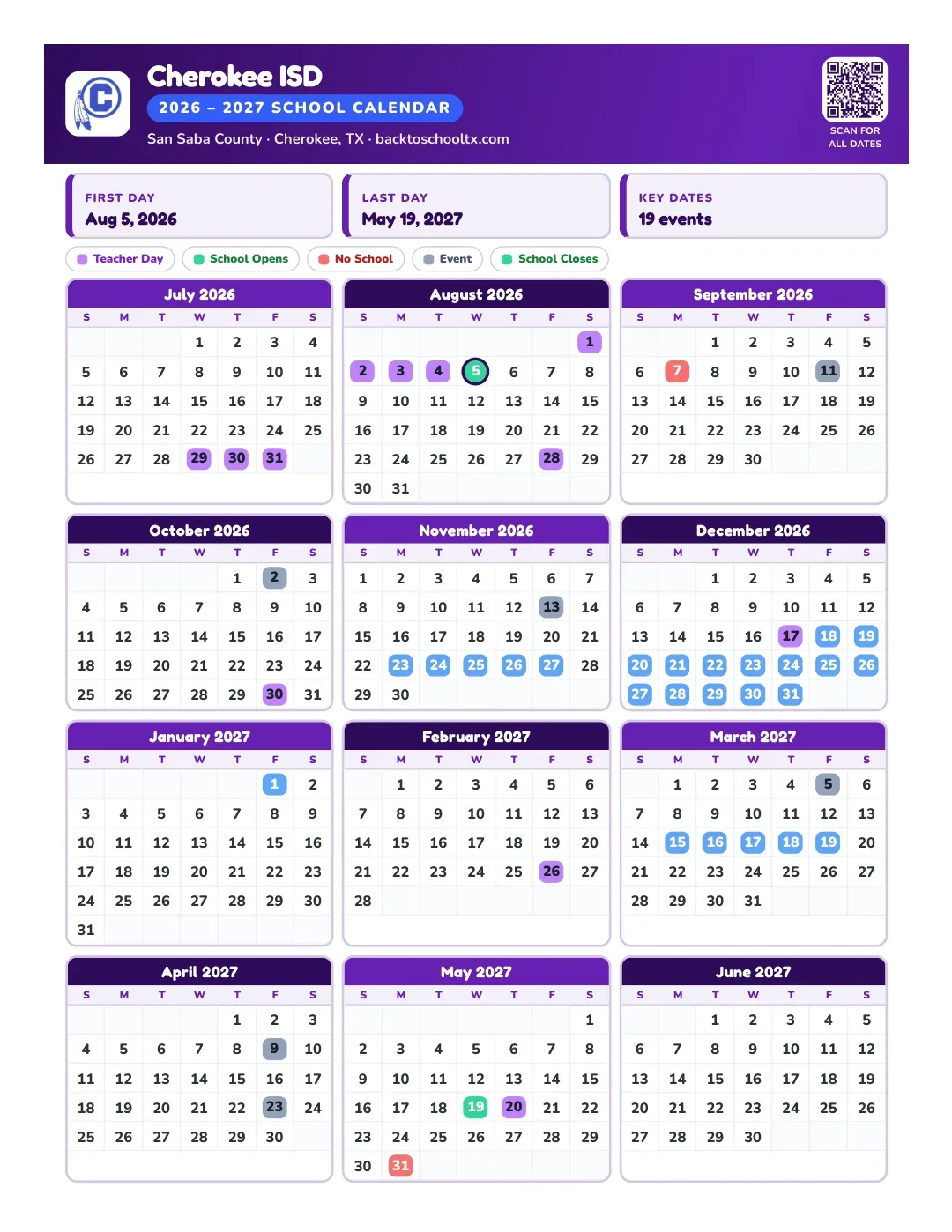 Cherokee ISD Calendar for the Year 26-27