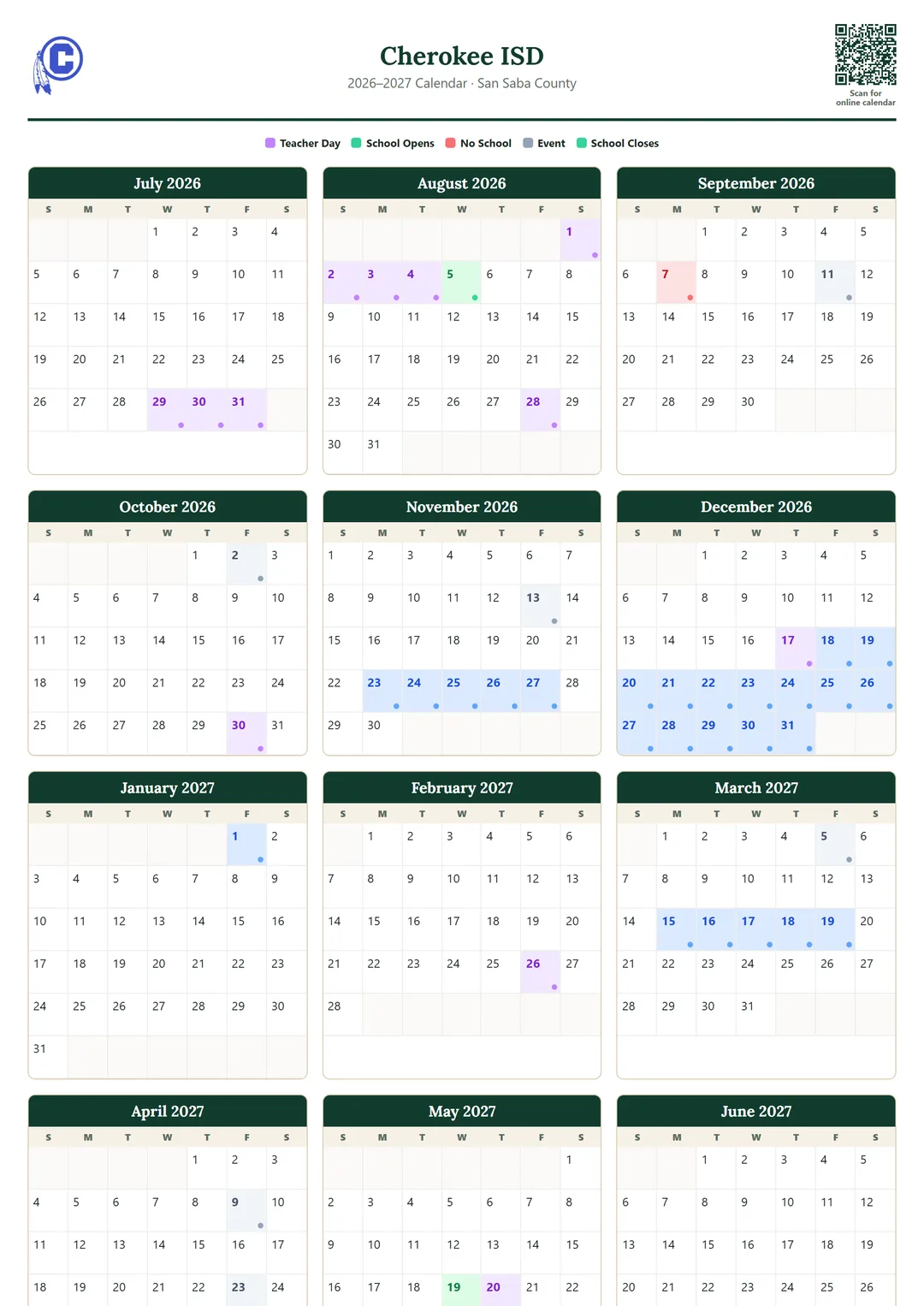 Cherokee ISD printable 2026–2027 calendar