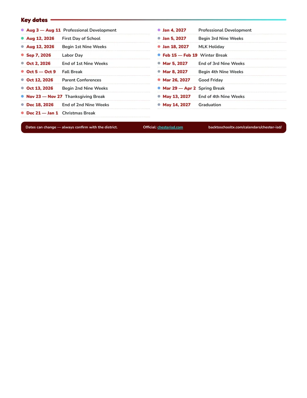 Chester ISD Calendar for the Year 26-27 — key dates