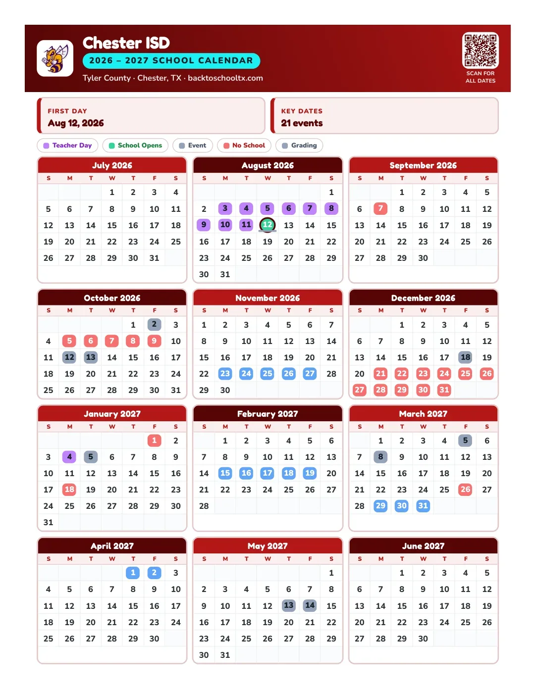 Chester ISD Calendar for the Year 26-27