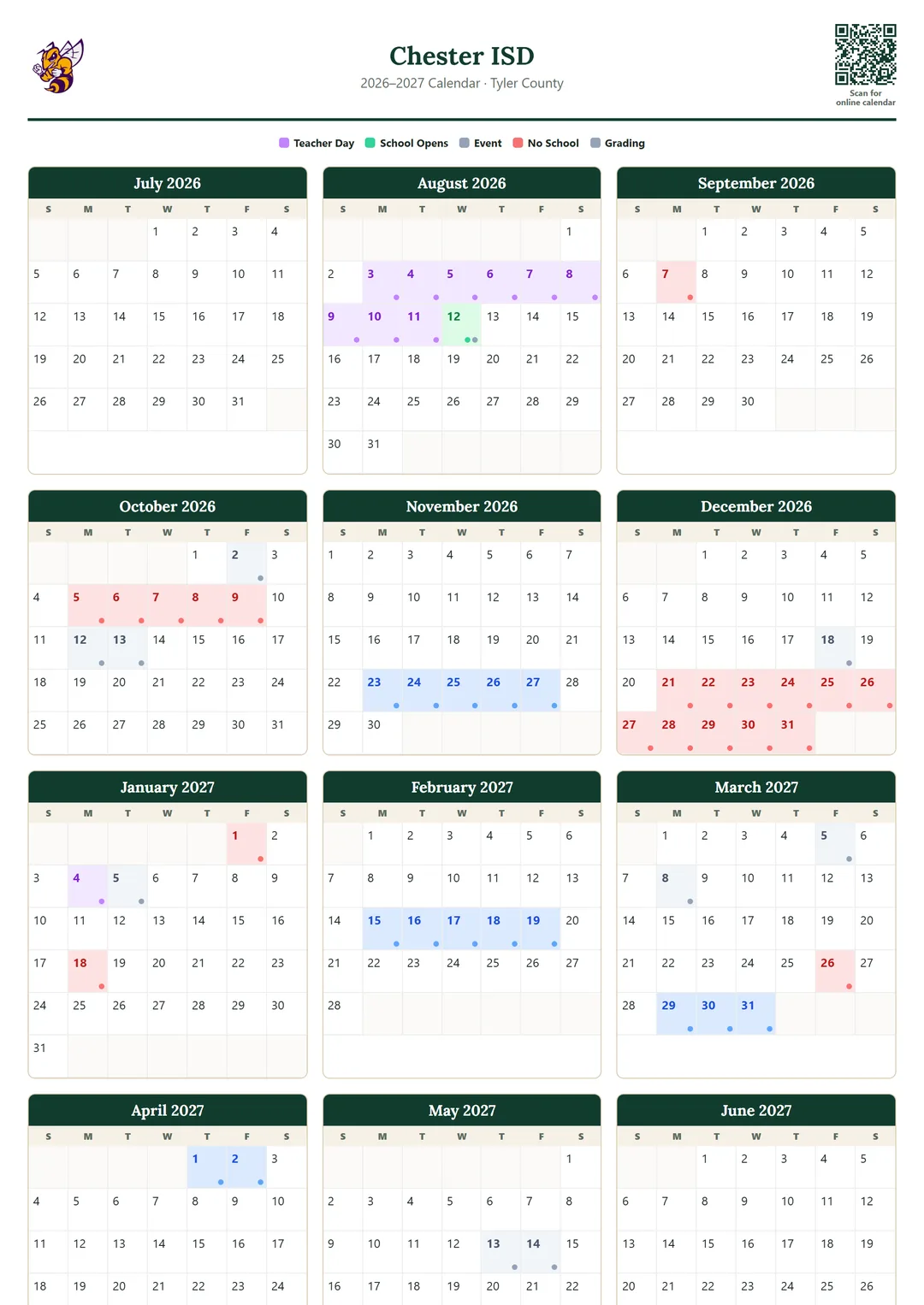 Chester ISD printable 2026–2027 calendar