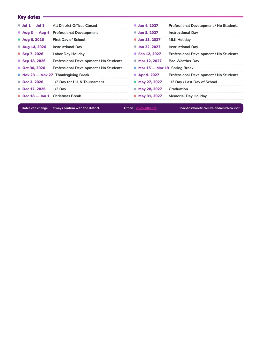 Chico ISD Calendar for the Year 26-27 — key dates