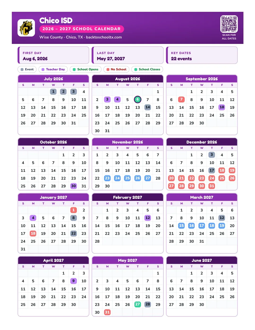 Chico ISD Calendar for the Year 26-27