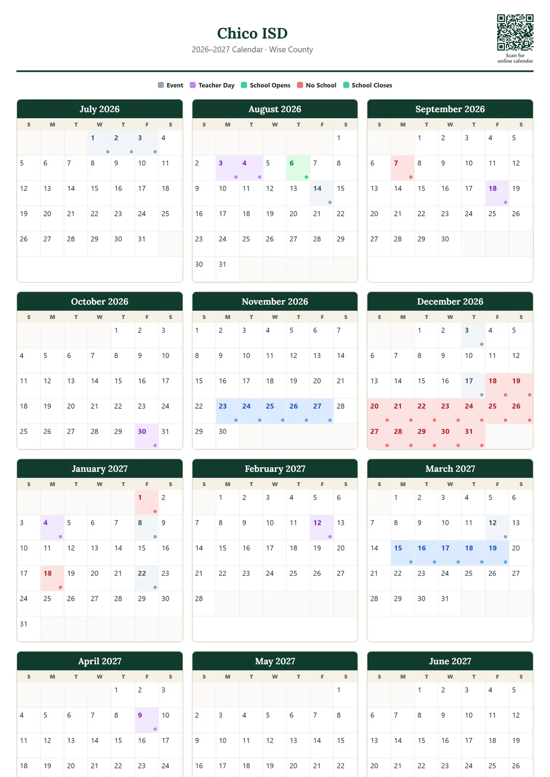 Chico ISD printable 2026–2027 calendar