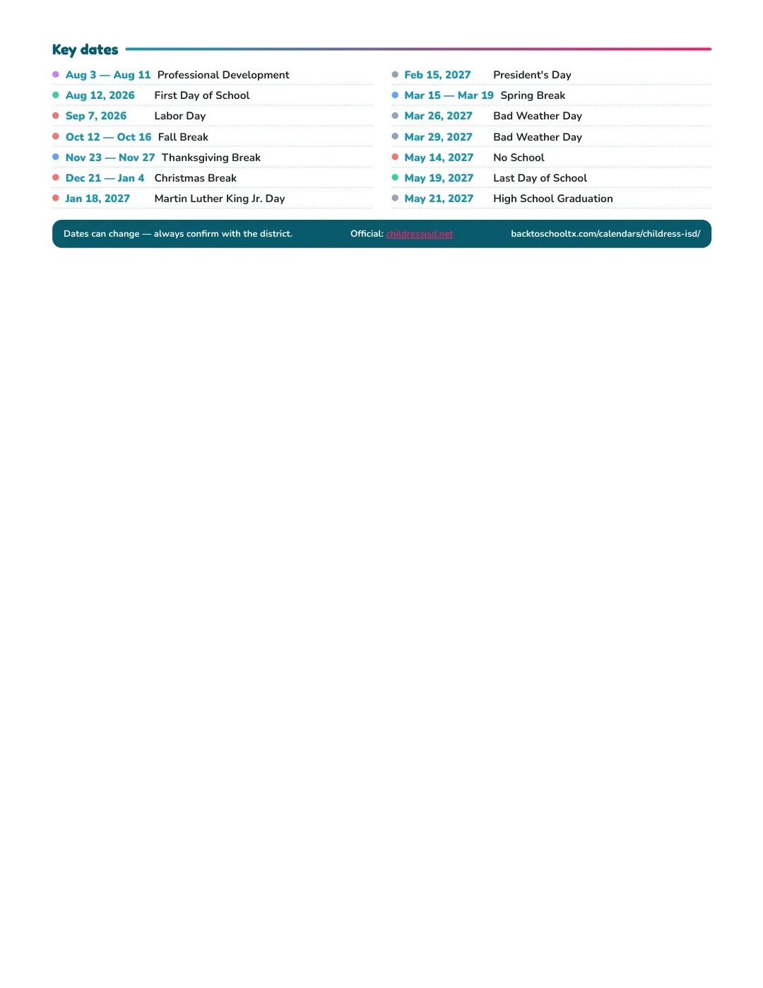Childress ISD Calendar for the Year 26-27 — key dates