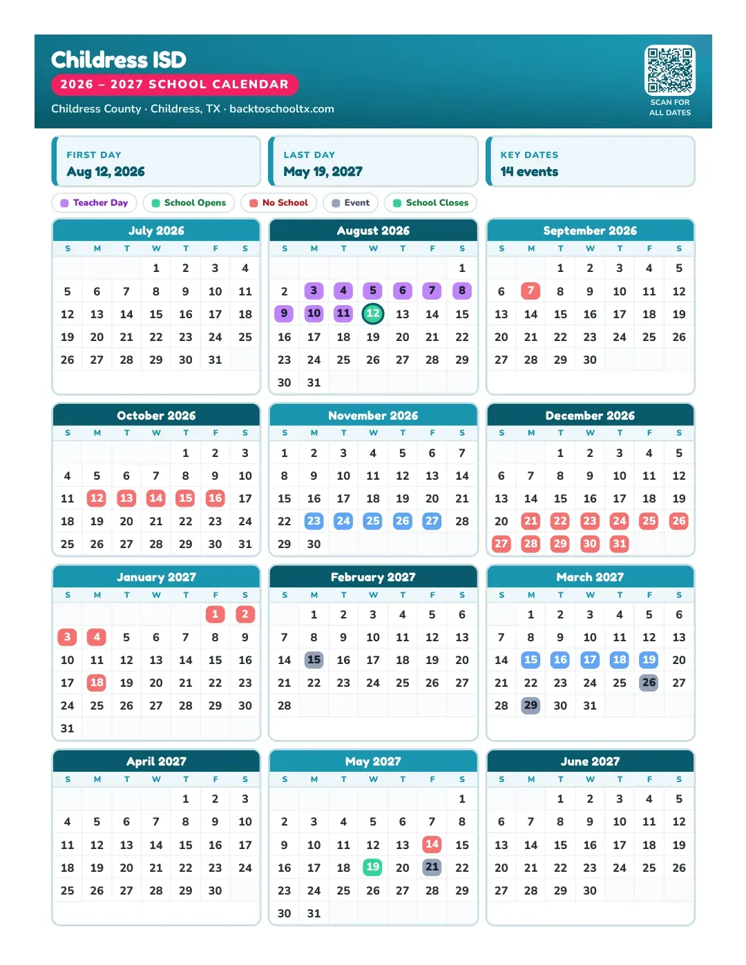 Childress ISD Calendar for the Year 26-27