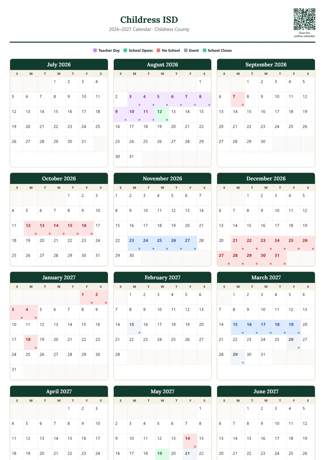 Childress ISD printable 2026–2027 calendar