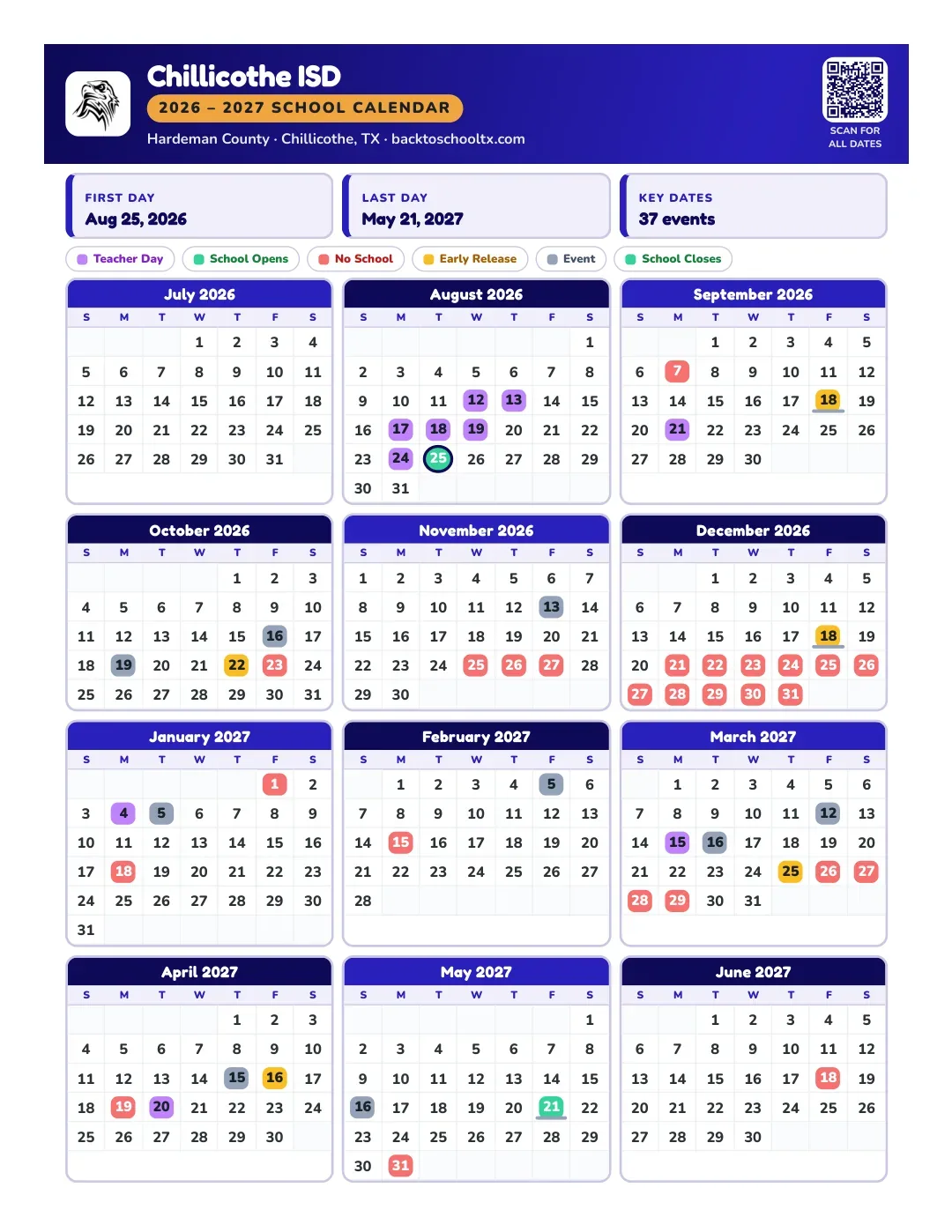 Chillicothe ISD Calendar for the Year 26-27