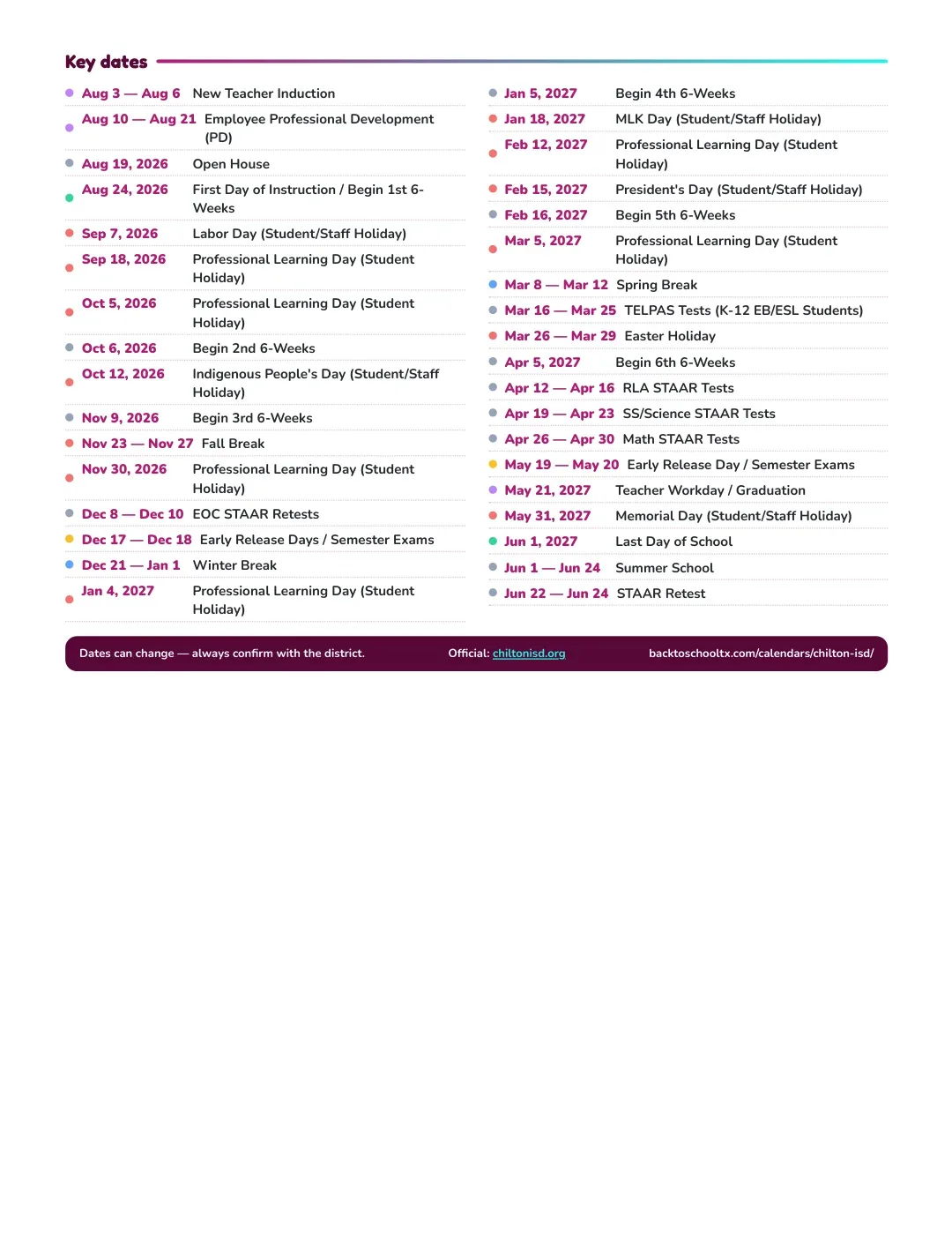 Chilton ISD Calendar for the Year 26-27 — key dates