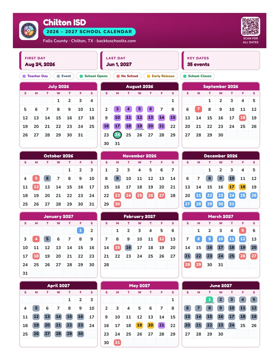 Chilton ISD Calendar for the Year 26-27