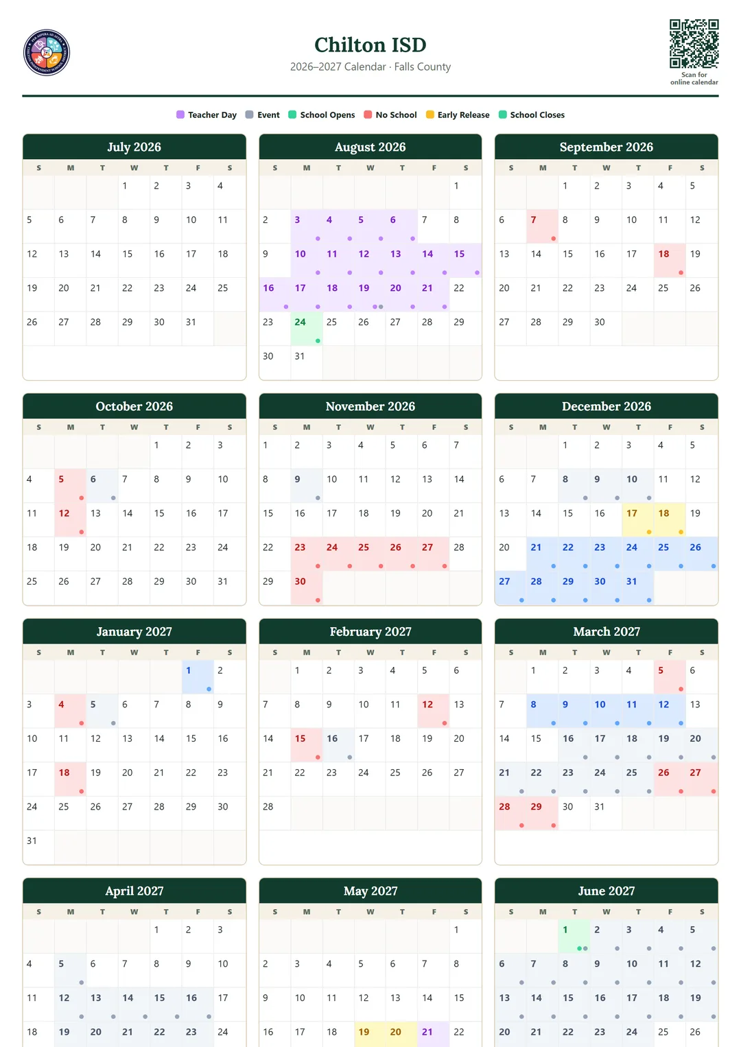Chilton ISD printable 2026–2027 calendar