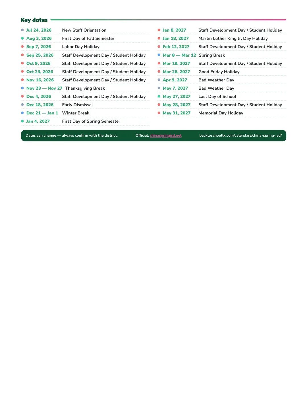 China Spring ISD Calendar for the Year 26-27 — key dates