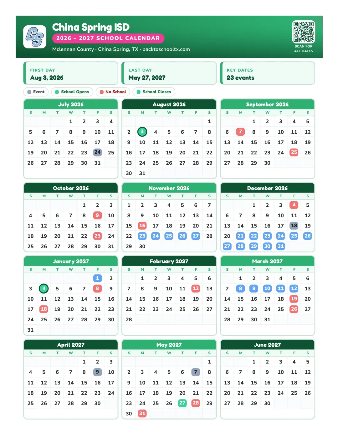 China Spring ISD Calendar for the Year 26-27