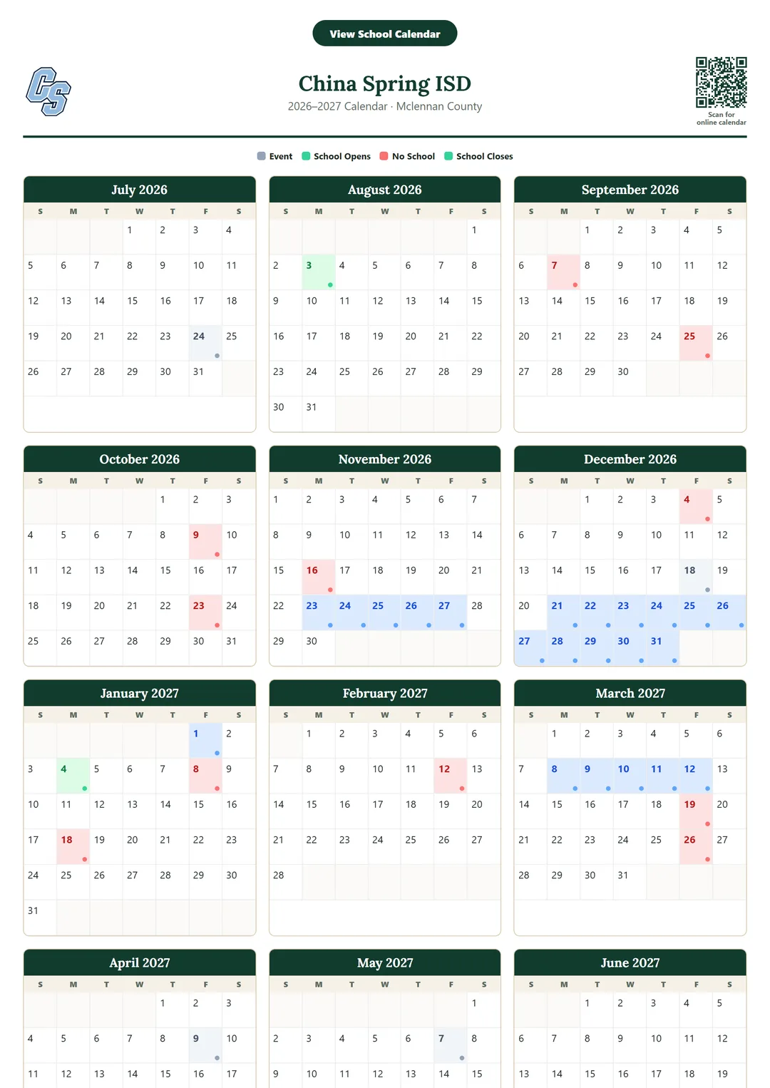 China Spring ISD printable 2026–2027 calendar
