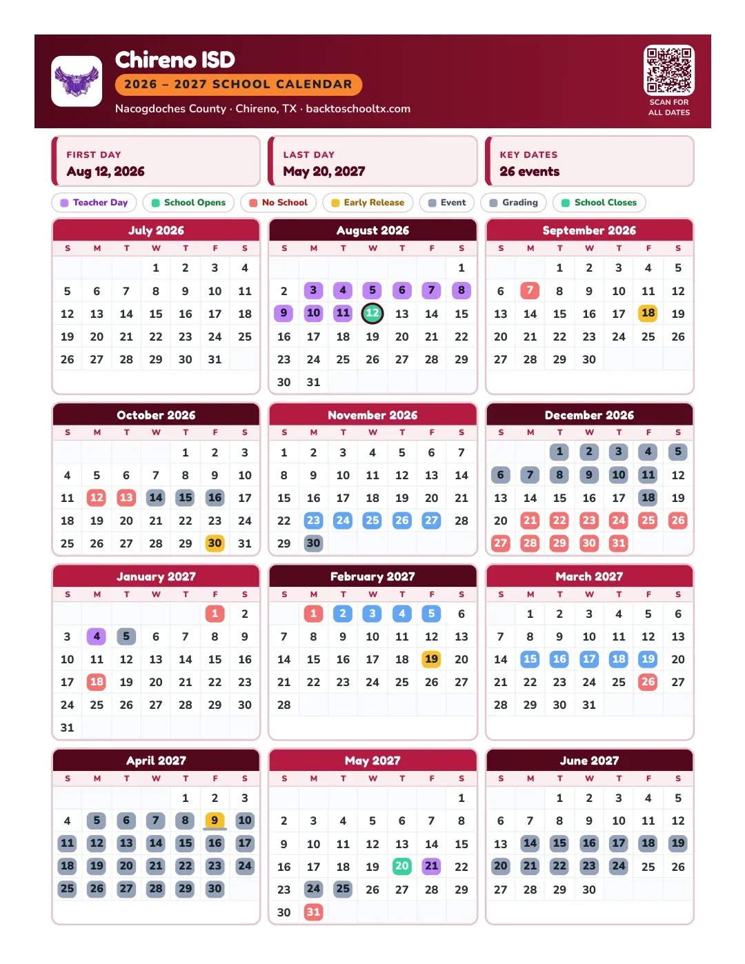 Chireno ISD Calendar for the Year 26-27