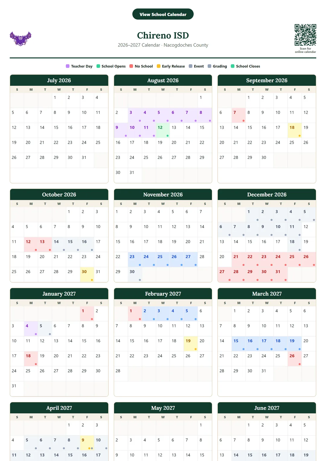 Chireno ISD printable 2026–2027 calendar