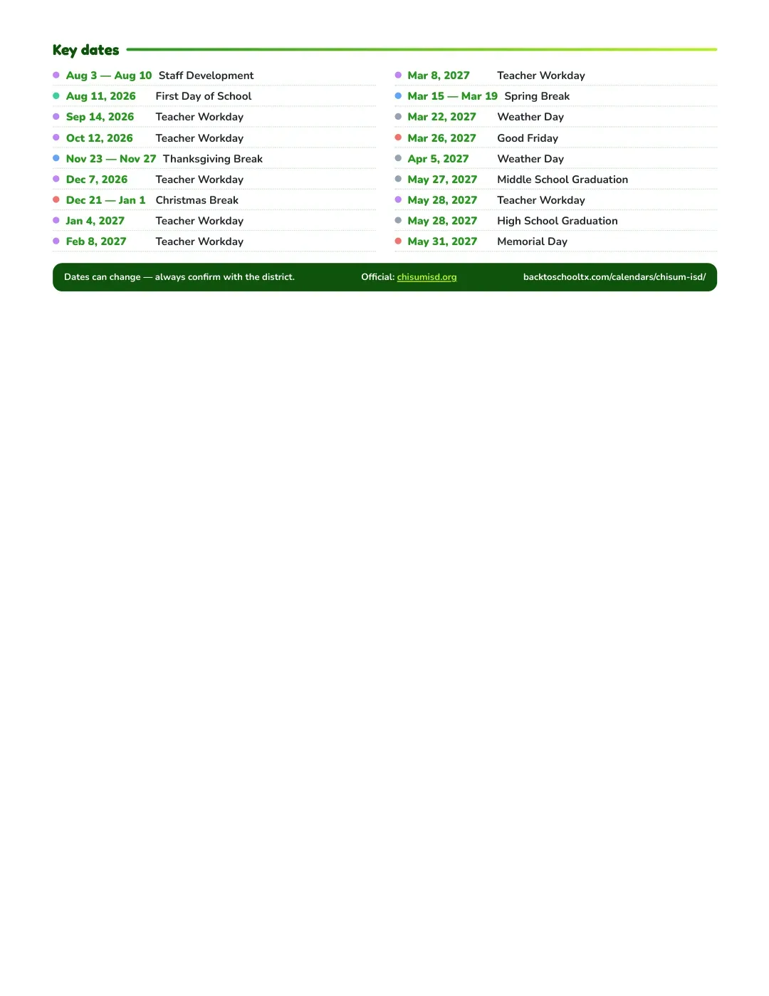 Chisum ISD Calendar for the Year 26-27 — key dates