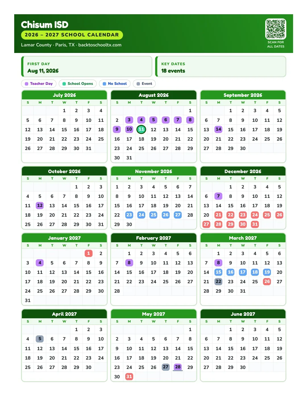 Chisum ISD Calendar for the Year 26-27