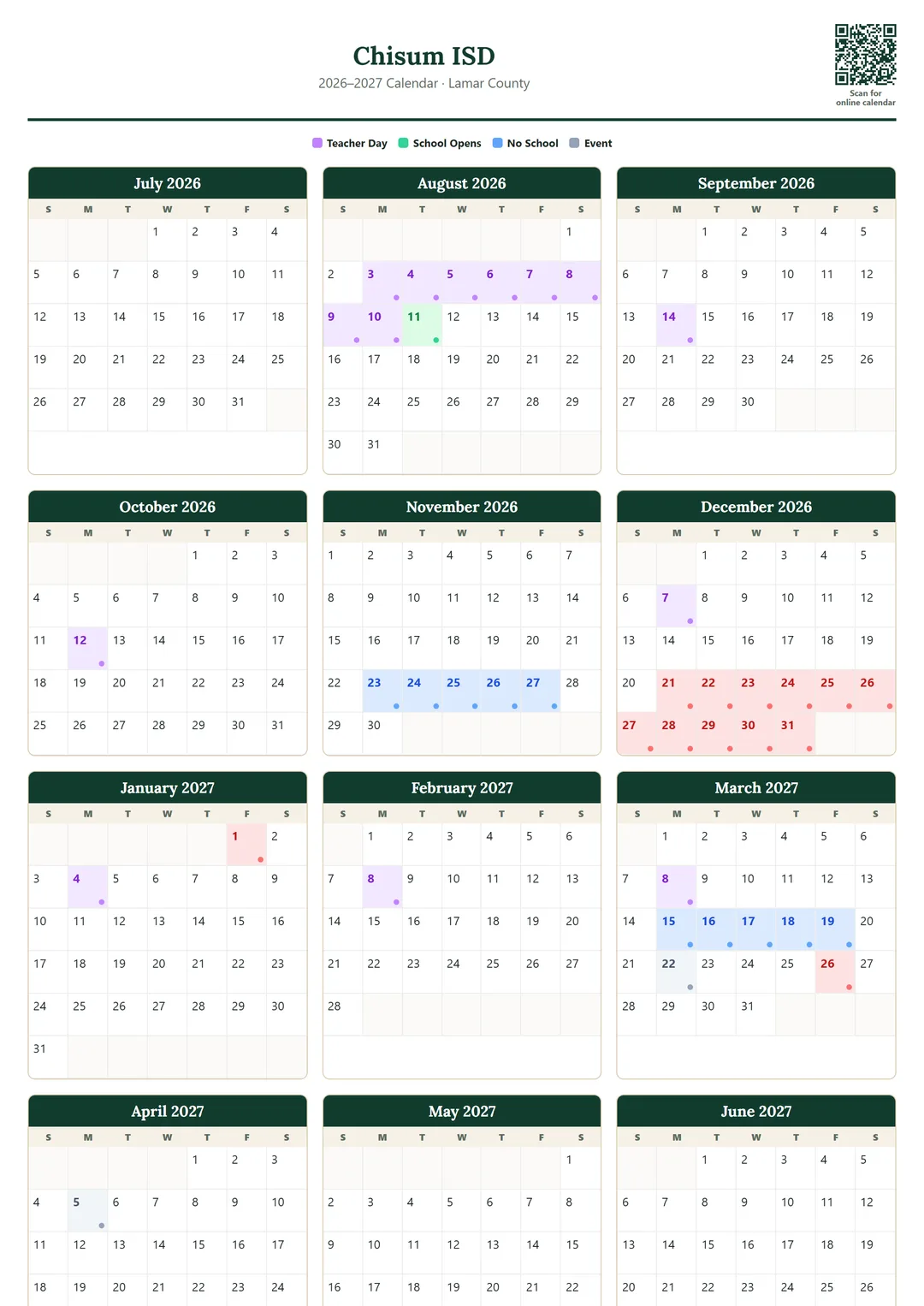 Chisum ISD printable 2026–2027 calendar