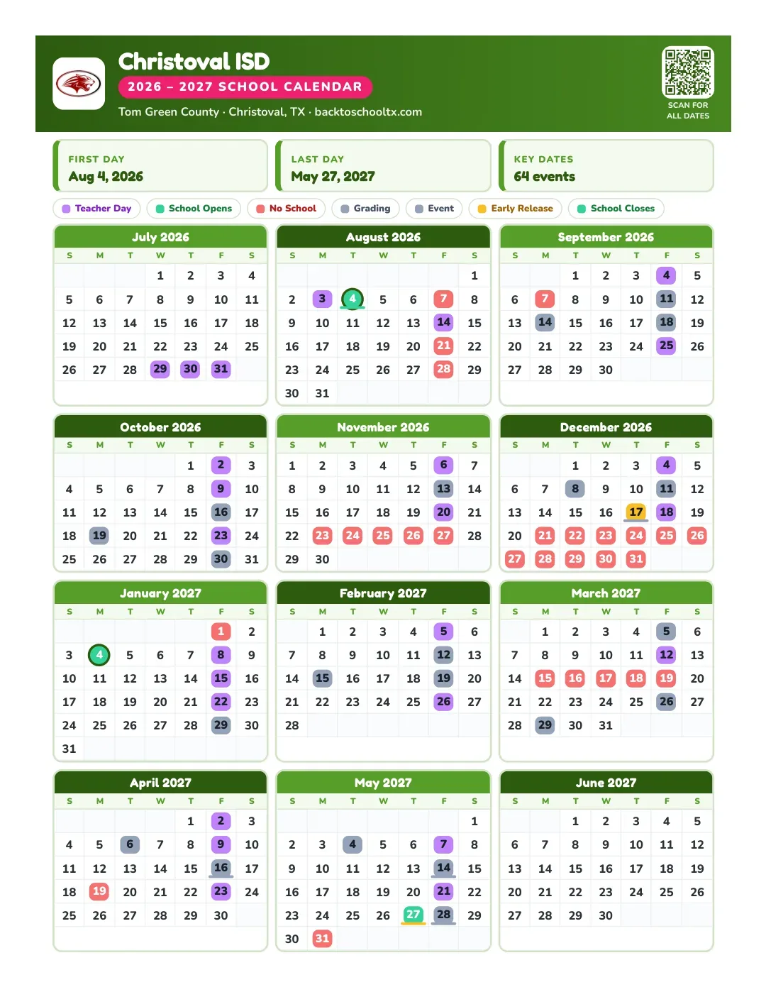 Christoval ISD Calendar for the Year 26-27