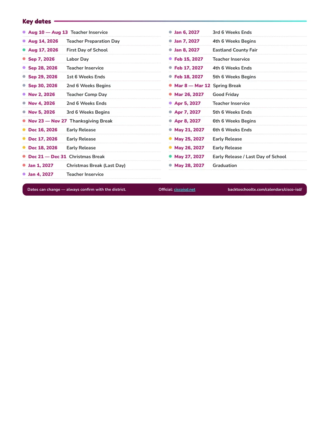 Cisco ISD Calendar for the Year 26-27 — key dates
