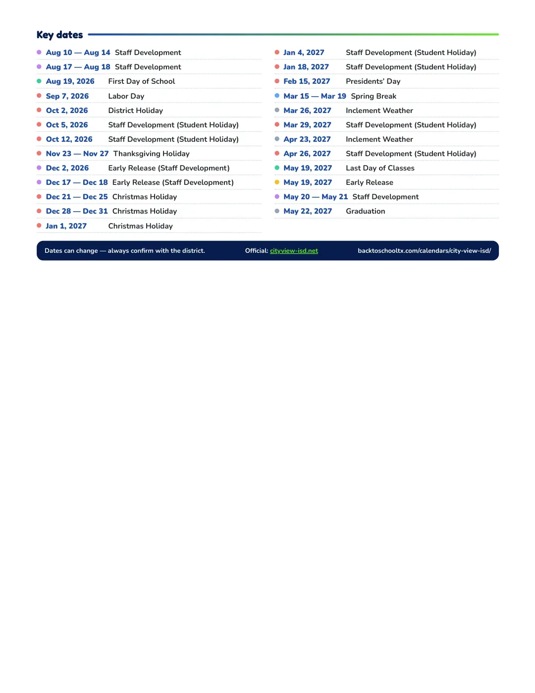 City View ISD Calendar for the Year 26-27 — key dates