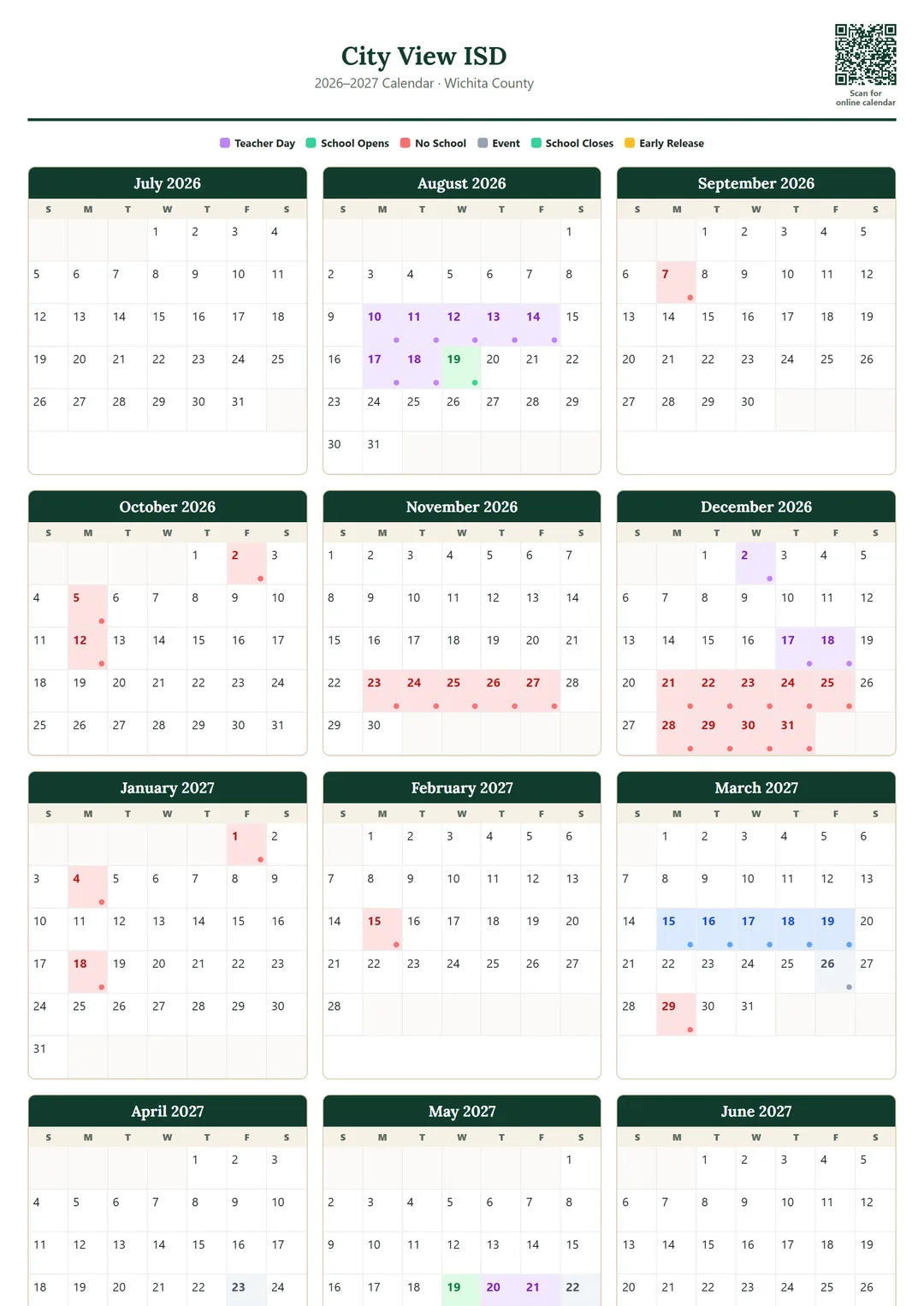 City View ISD printable 2026–2027 calendar