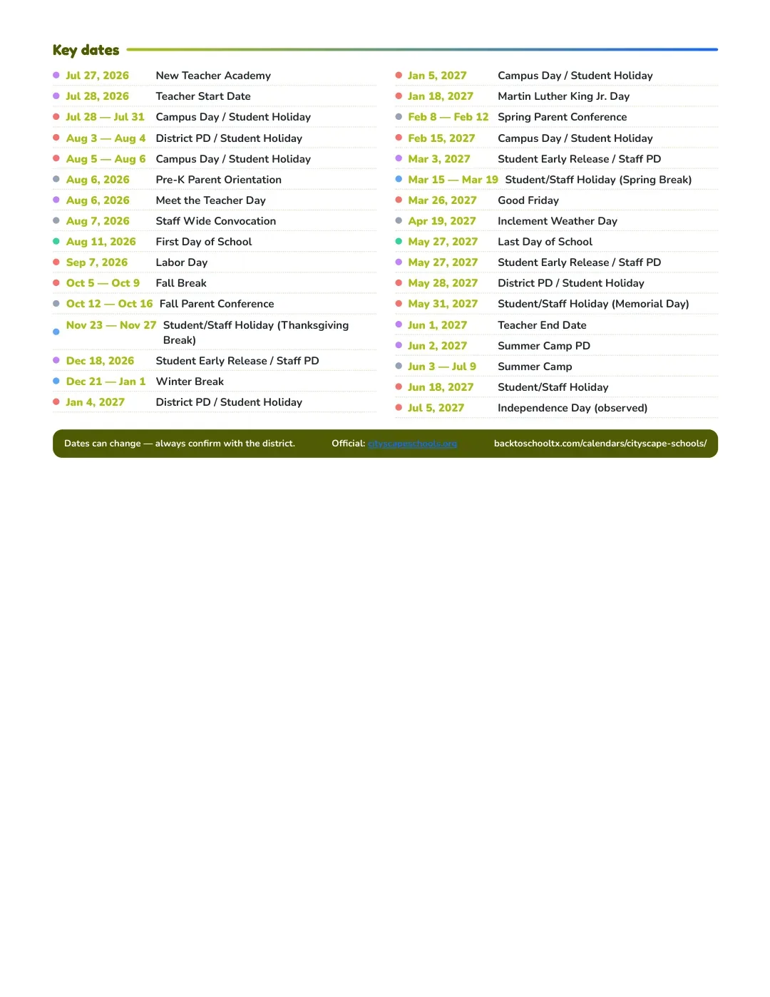 Cityscape Schools Calendar for the Year 26-27 — key dates