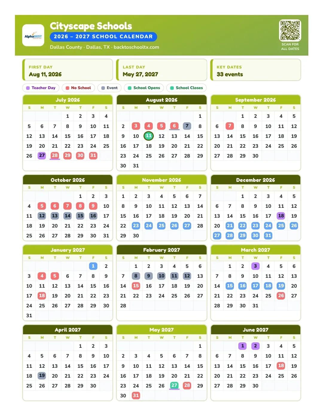 Cityscape Schools Calendar for the Year 26-27