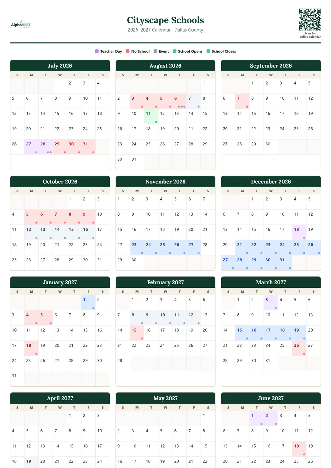 Cityscape Schools printable 2026–2027 calendar