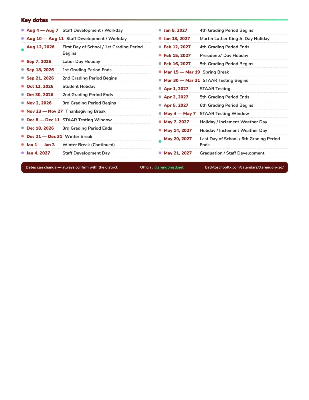 Clarendon ISD Calendar for the Year 26-27 — key dates