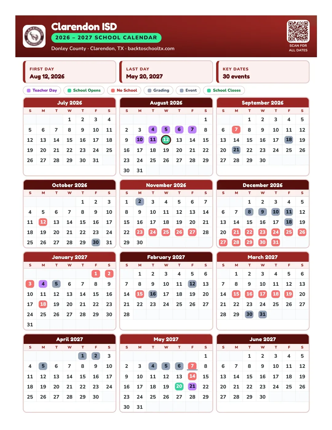 Clarendon ISD Calendar for the Year 26-27