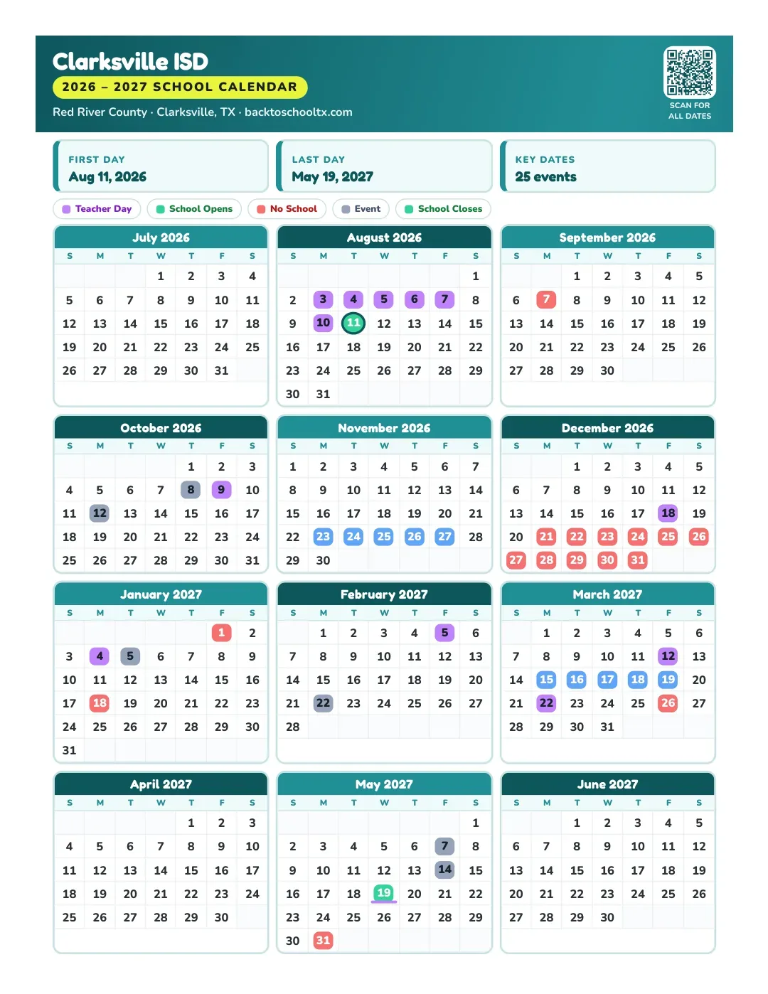 Clarksville ISD Calendar for the Year 26-27