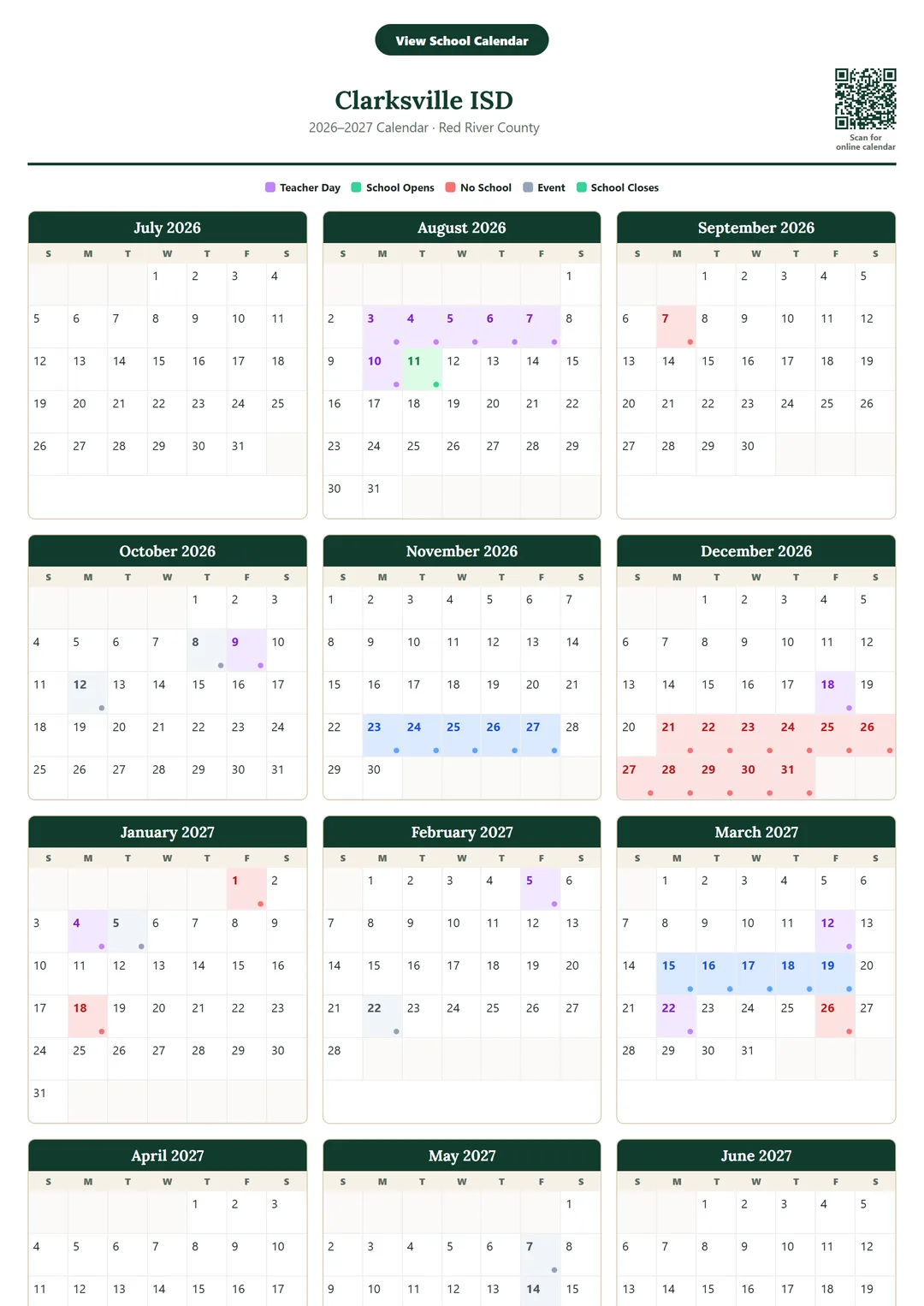 Clarksville ISD printable 2026–2027 calendar