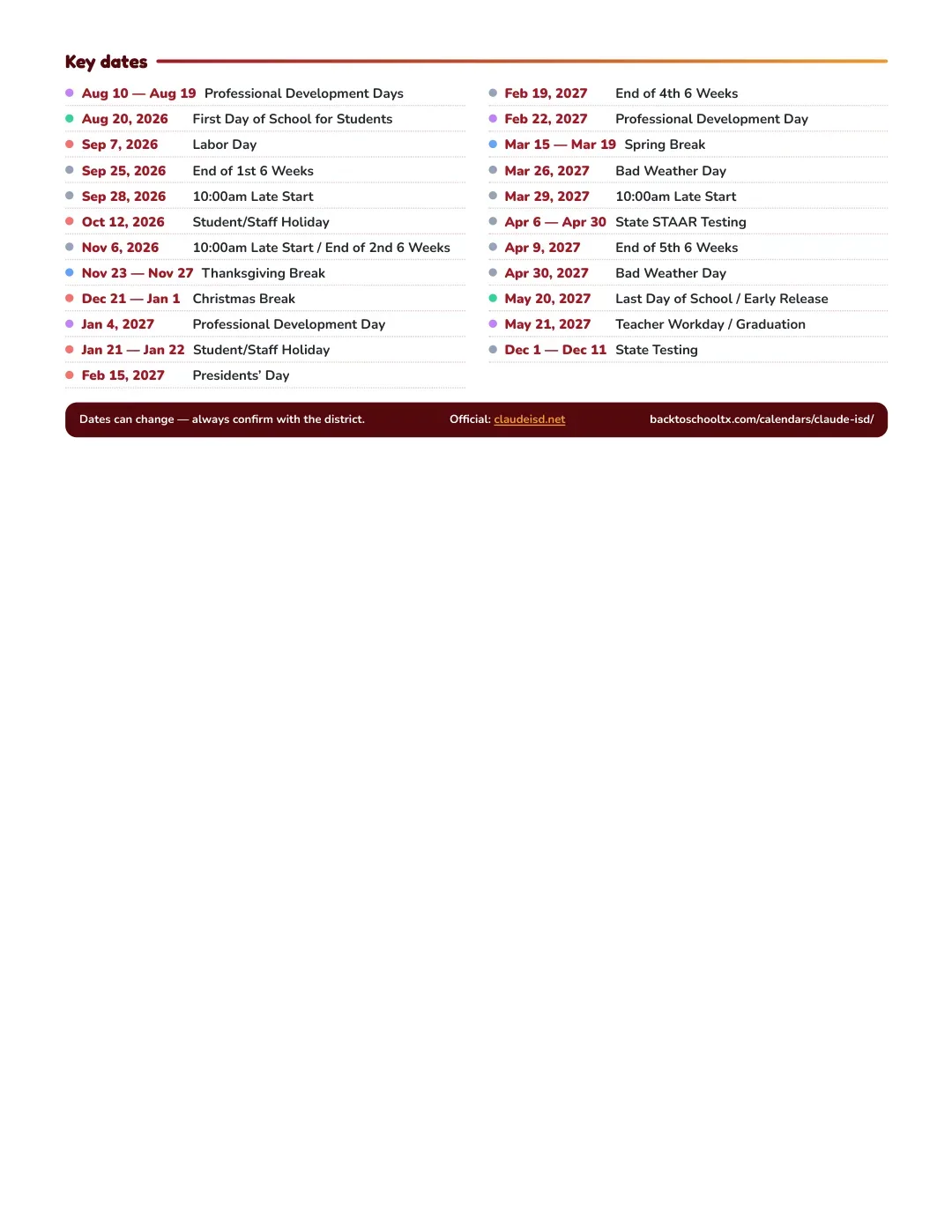 Claude ISD Calendar for the Year 26-27 — key dates
