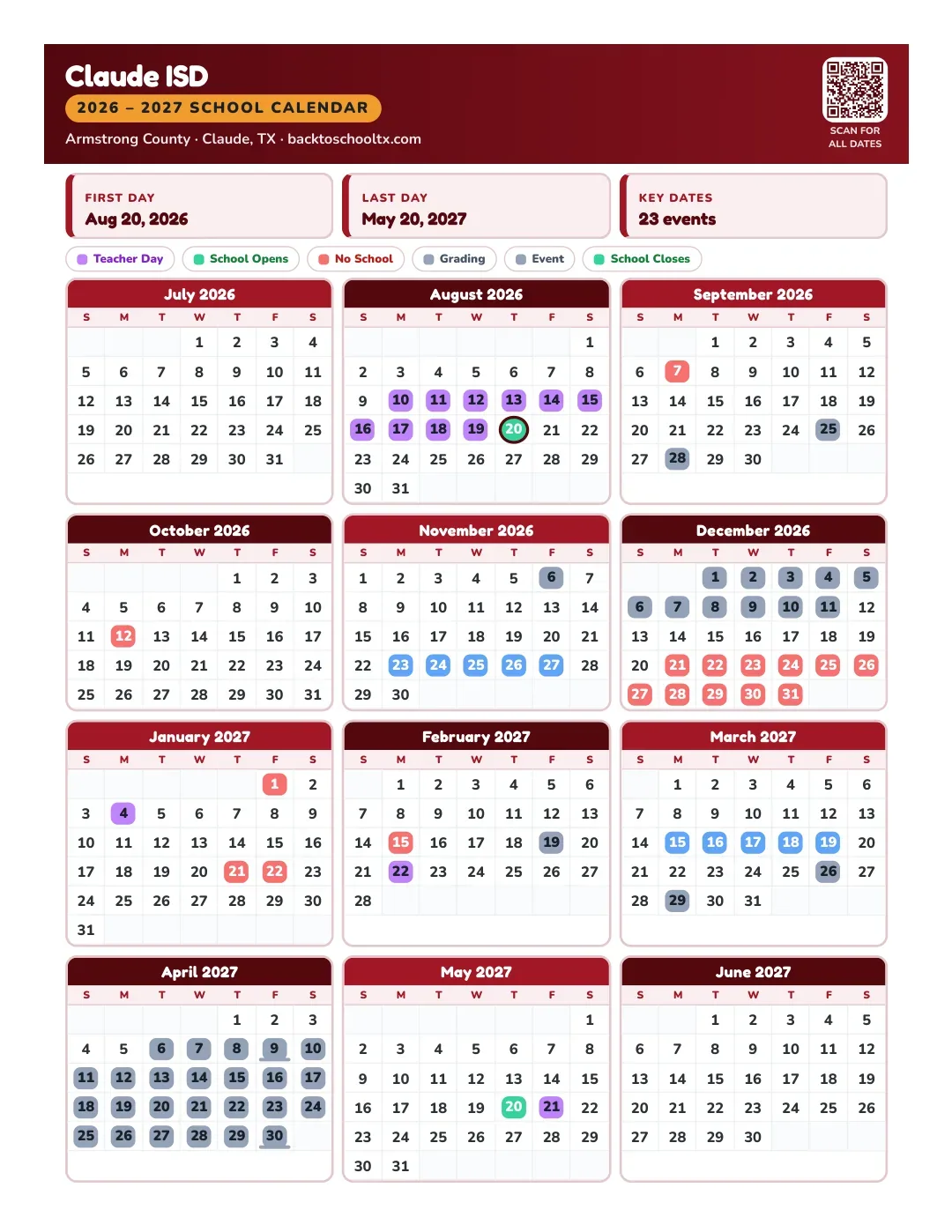 Claude ISD Calendar for the Year 26-27