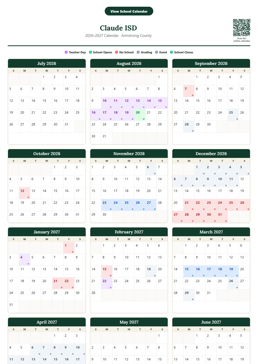 Claude ISD printable 2026–2027 calendar