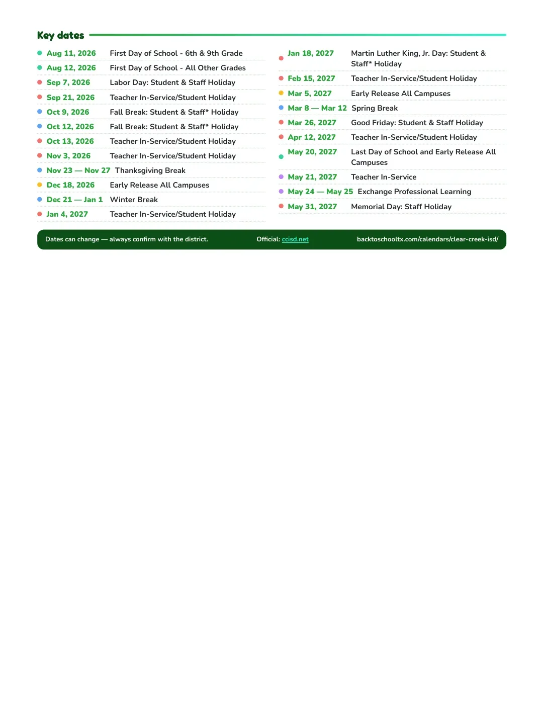 Clear Creek ISD Calendar for the Year 26-27 — key dates