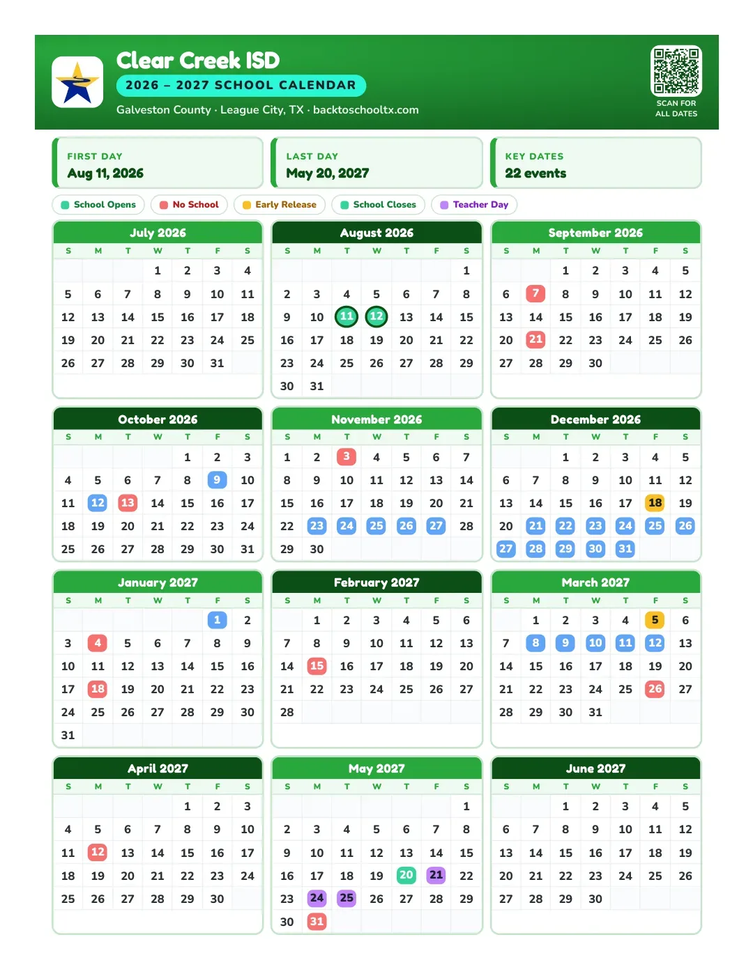 Clear Creek ISD Calendar for the Year 26-27