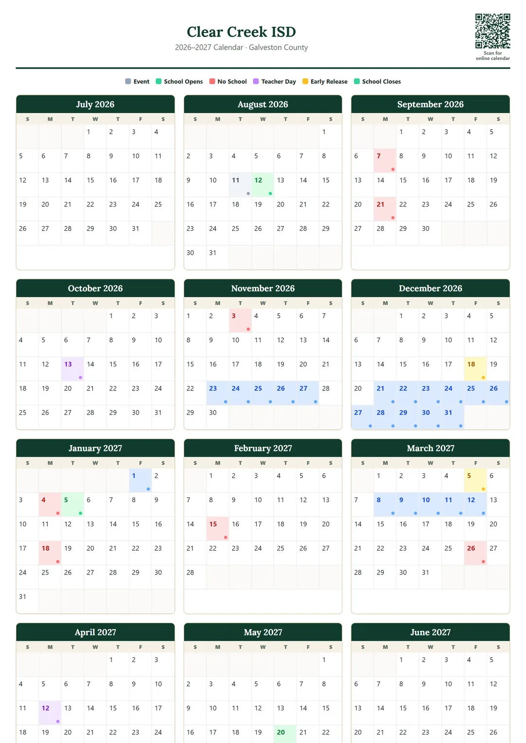 Clear Creek ISD printable 2026–2027 calendar