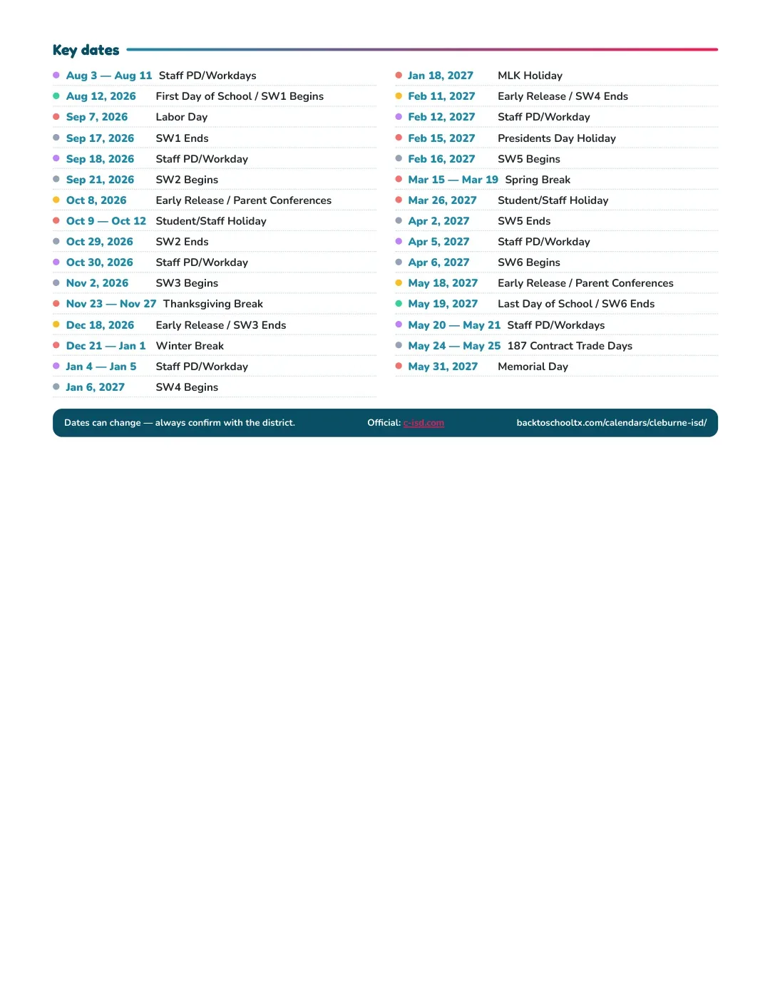Cleburne ISD Calendar for the Year 26-27 — key dates