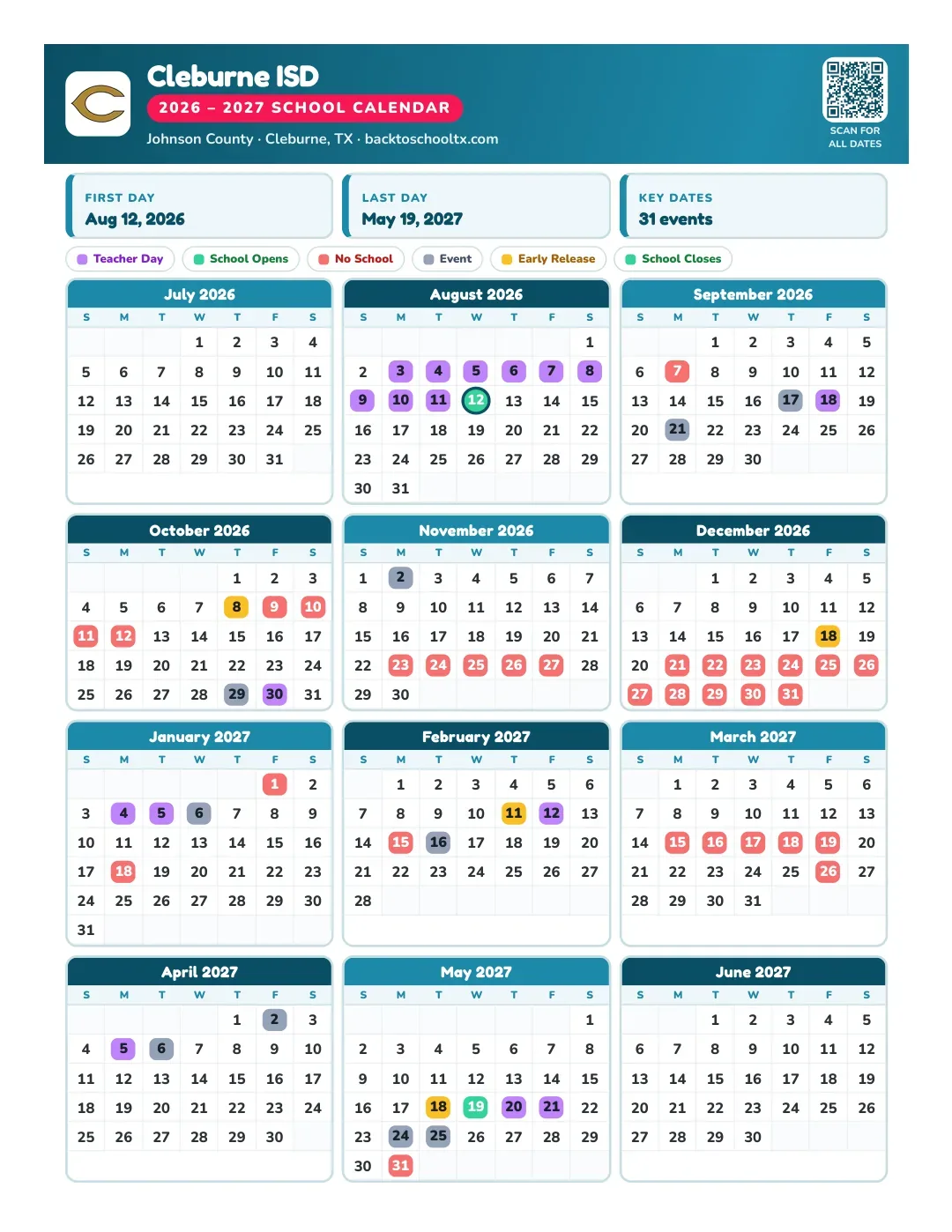 Cleburne ISD Calendar for the Year 26-27