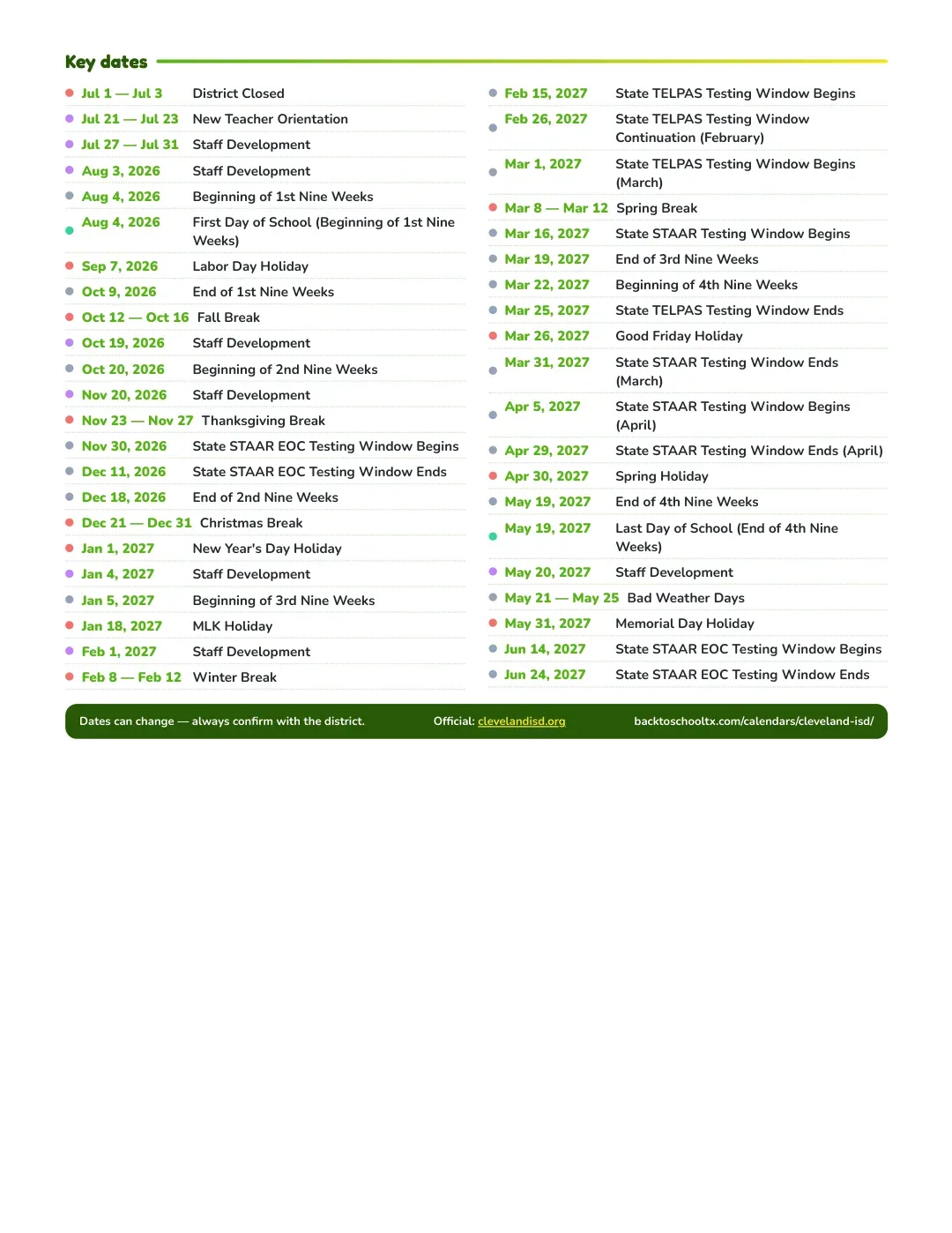 Cleveland ISD Calendar for the Year 26-27 — key dates
