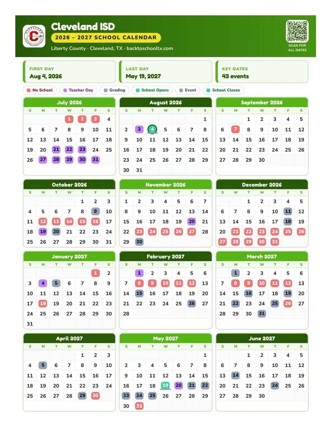 Cleveland ISD Calendar for the Year 26-27