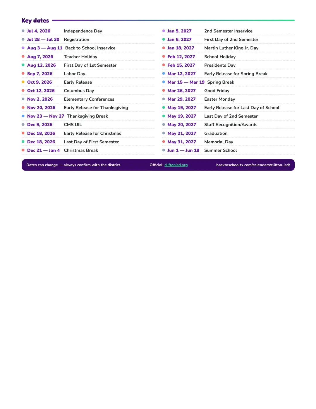 Clifton ISD Calendar for the Year 26-27 — key dates
