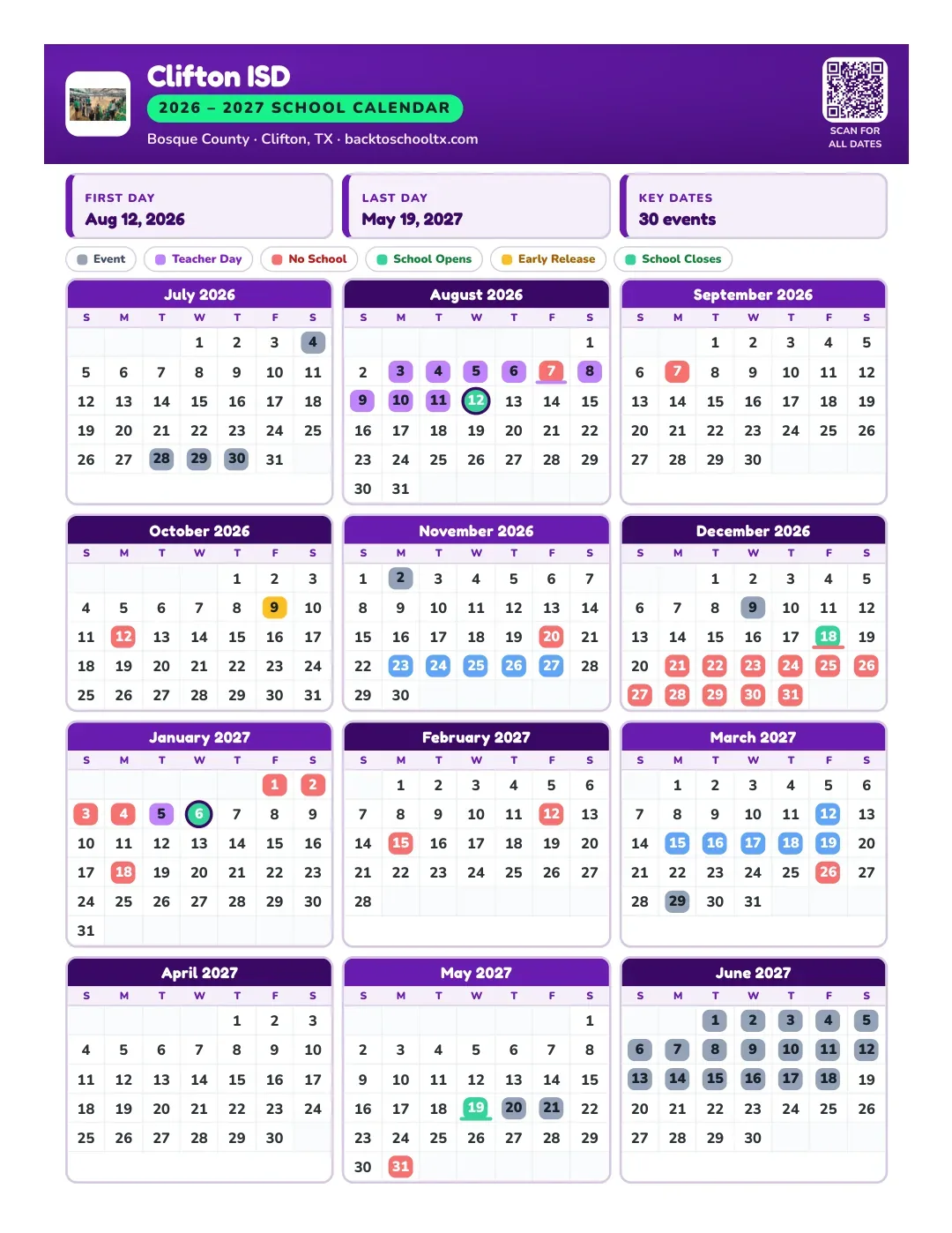 Clifton ISD Calendar for the Year 26-27