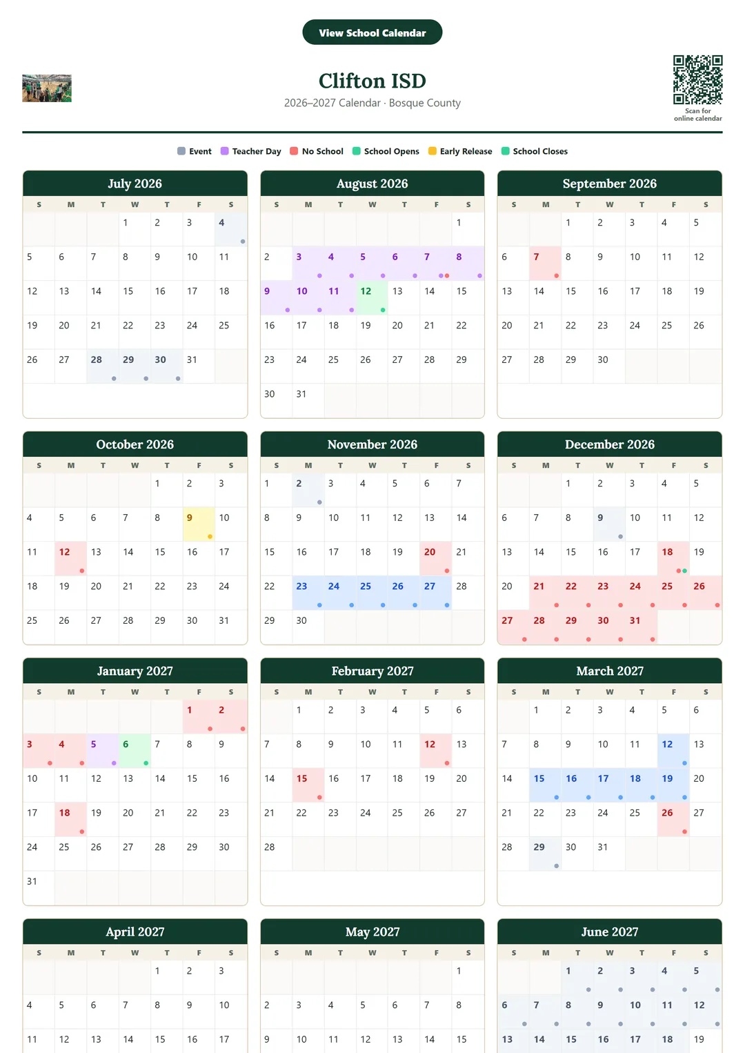Clifton ISD printable 2026–2027 calendar