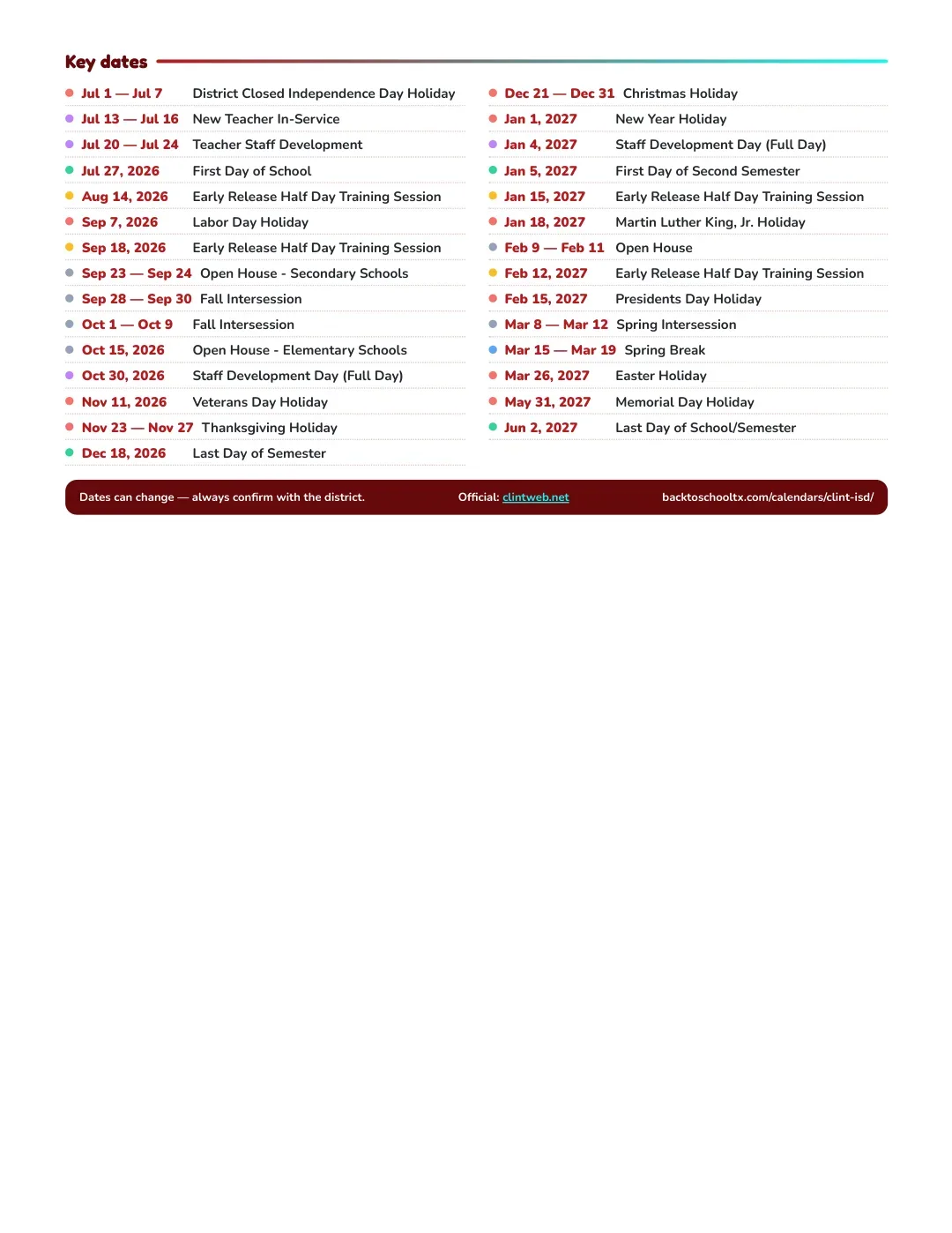 Clint ISD Calendar for the Year 26-27 — key dates