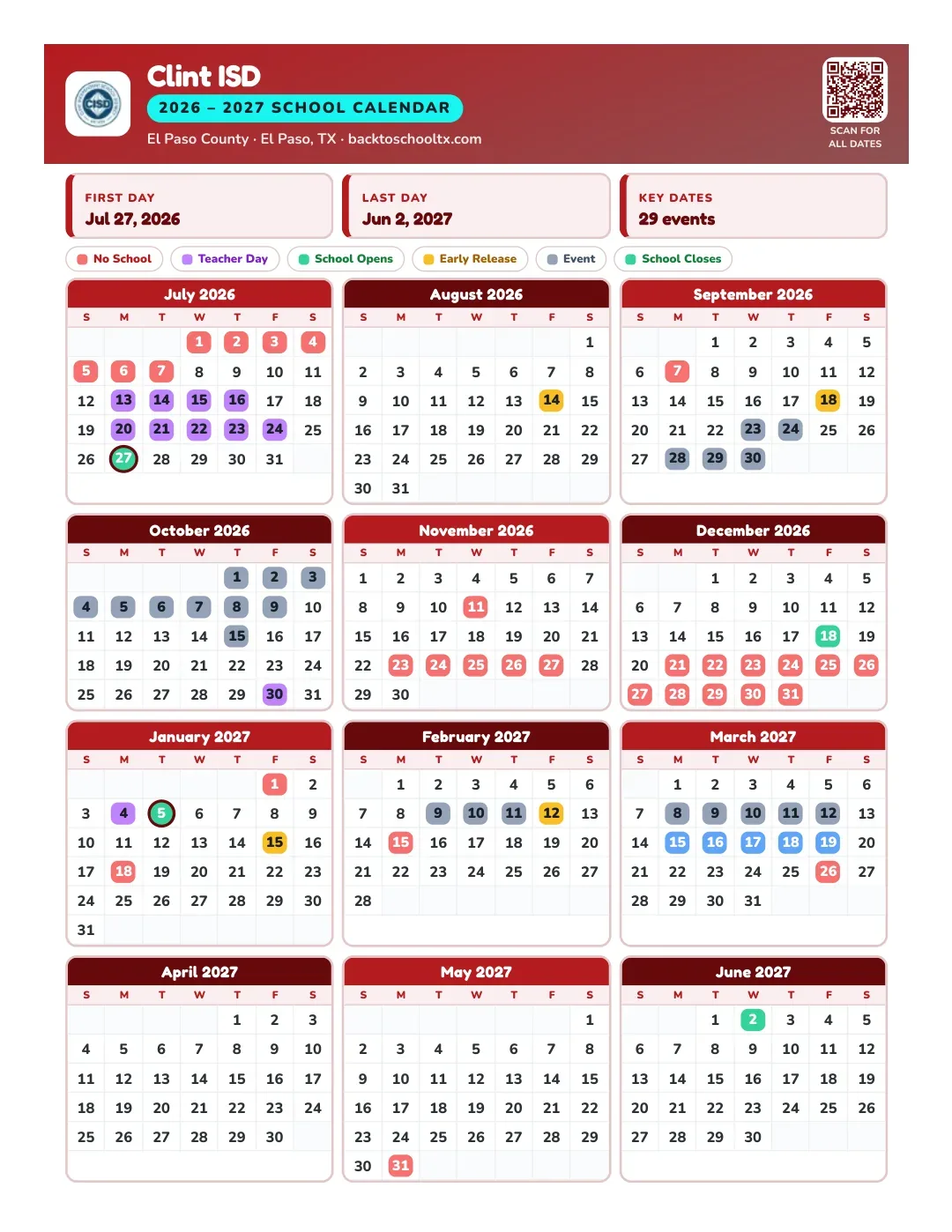 Clint ISD Calendar for the Year 26-27